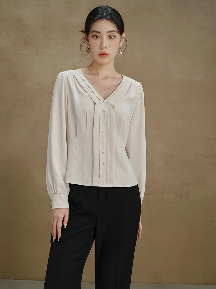 Elegante Damenbluse mit V-Ausschnitt – Schlanke Passform in Gelb oder Blau für stilvolle Herbst-Looks