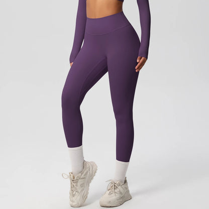 Damen-Yoga-Leggings in Dunkellila mit hoher Taille und glattem, enganliegendem Bein