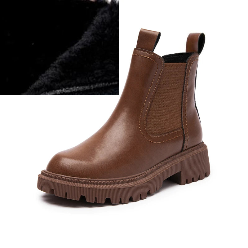 Damen-Chelsea-Boot aus braunem Leder mit Futter am Schaft und breiter Profilsohle