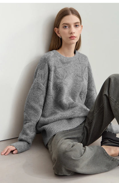 Grauer Damenpullover mit O-Ausschnitt aus Jacquard-Strick, Relax-Style, lange Ärmel