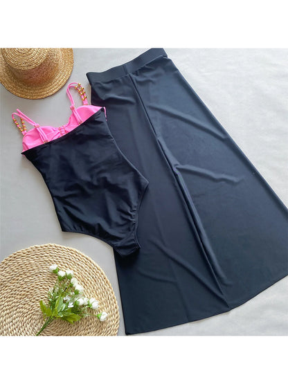 Damen Badeanzug Spleiß Cut-Out Rock gerüscht Einteiler Monokini