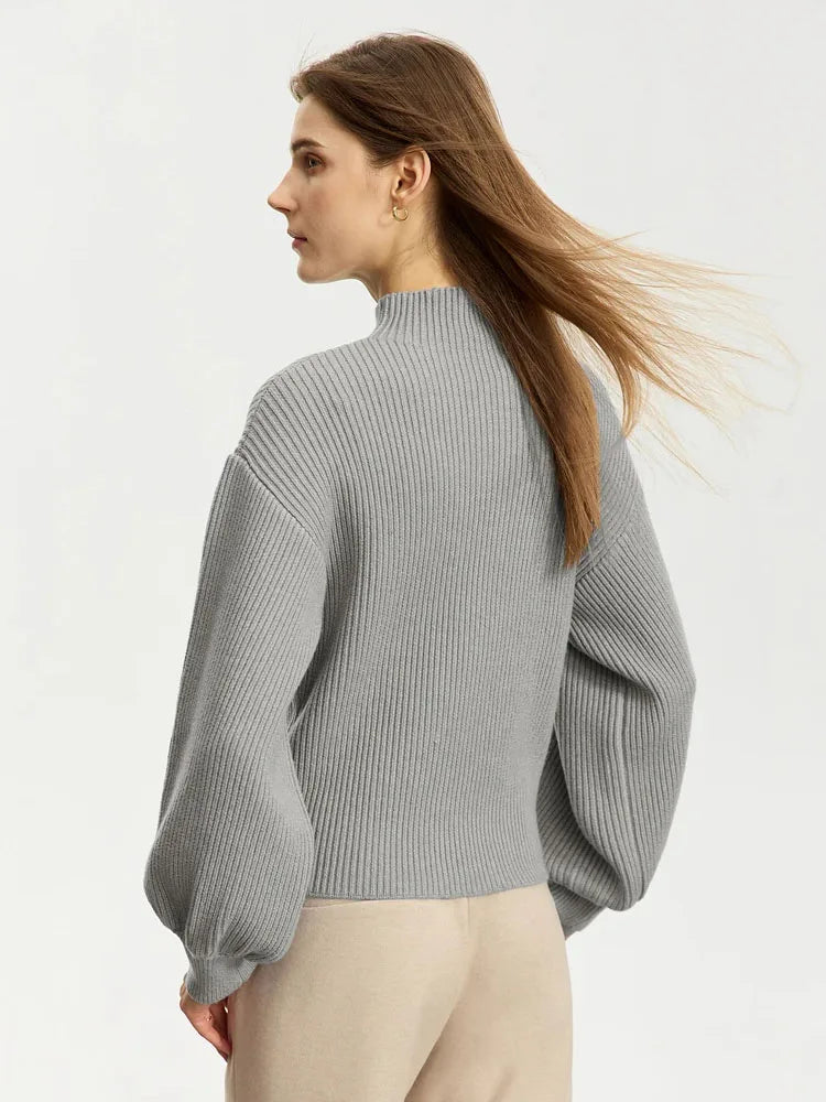 Damen-Wollpullover mit Stehkragen und Laternenärmeln, grau