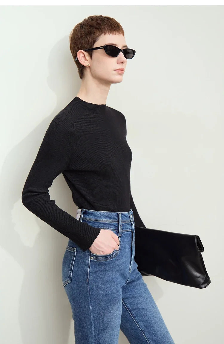 Damen-Halbrollkragen-Pullover Slim Raglan Wolle-Mix Herbst-Winter