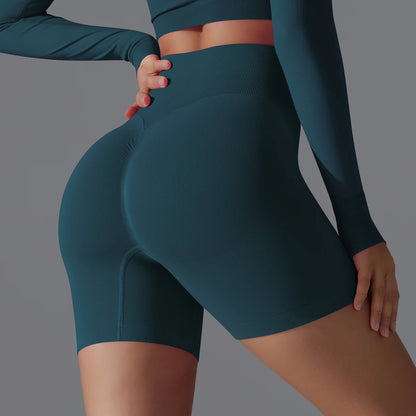 Damen-Sportshorts mit Scrunch-Effekt, dunkelblaugrün, hohe Taille, eng anliegend