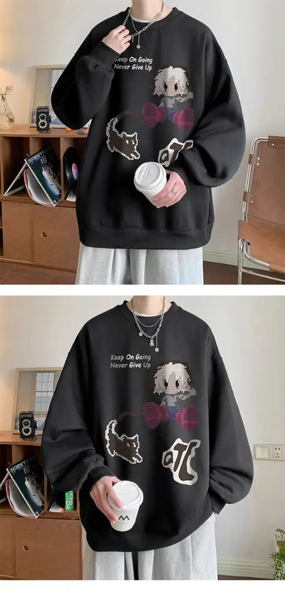 Japanischer Vintage-Pullover mit Fleece, Rundhalsausschnitt und Print – Lässiger Langarm-Hoodie für Herren im Winter.
