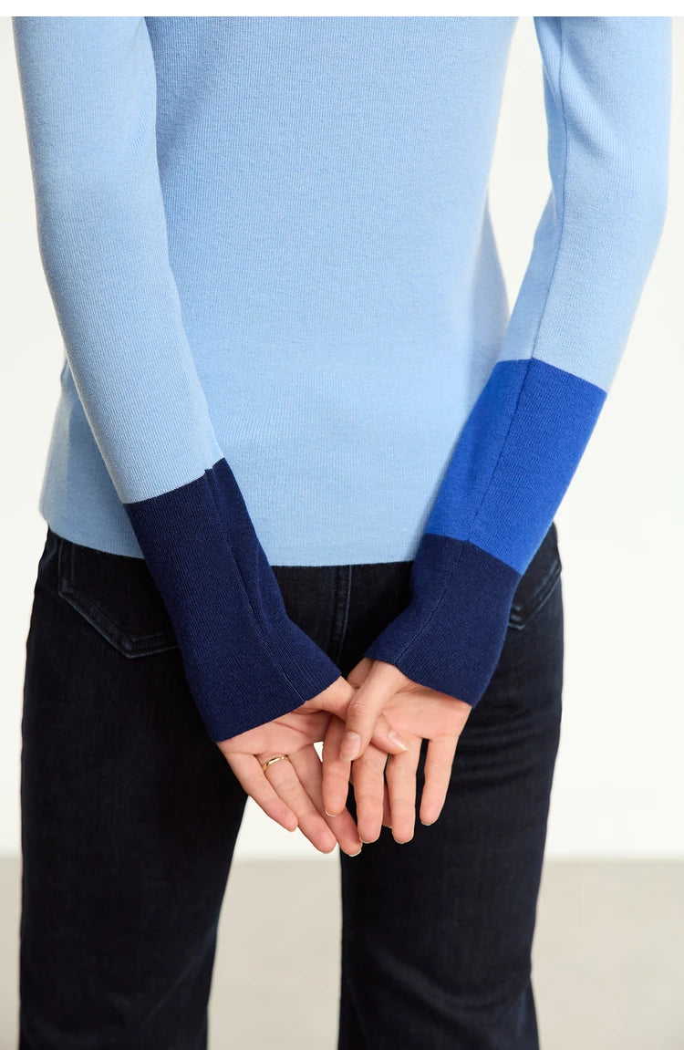Damen-Halbrollkragen-Pullover Slim Farbkontrast Wolle-Mix Winter
