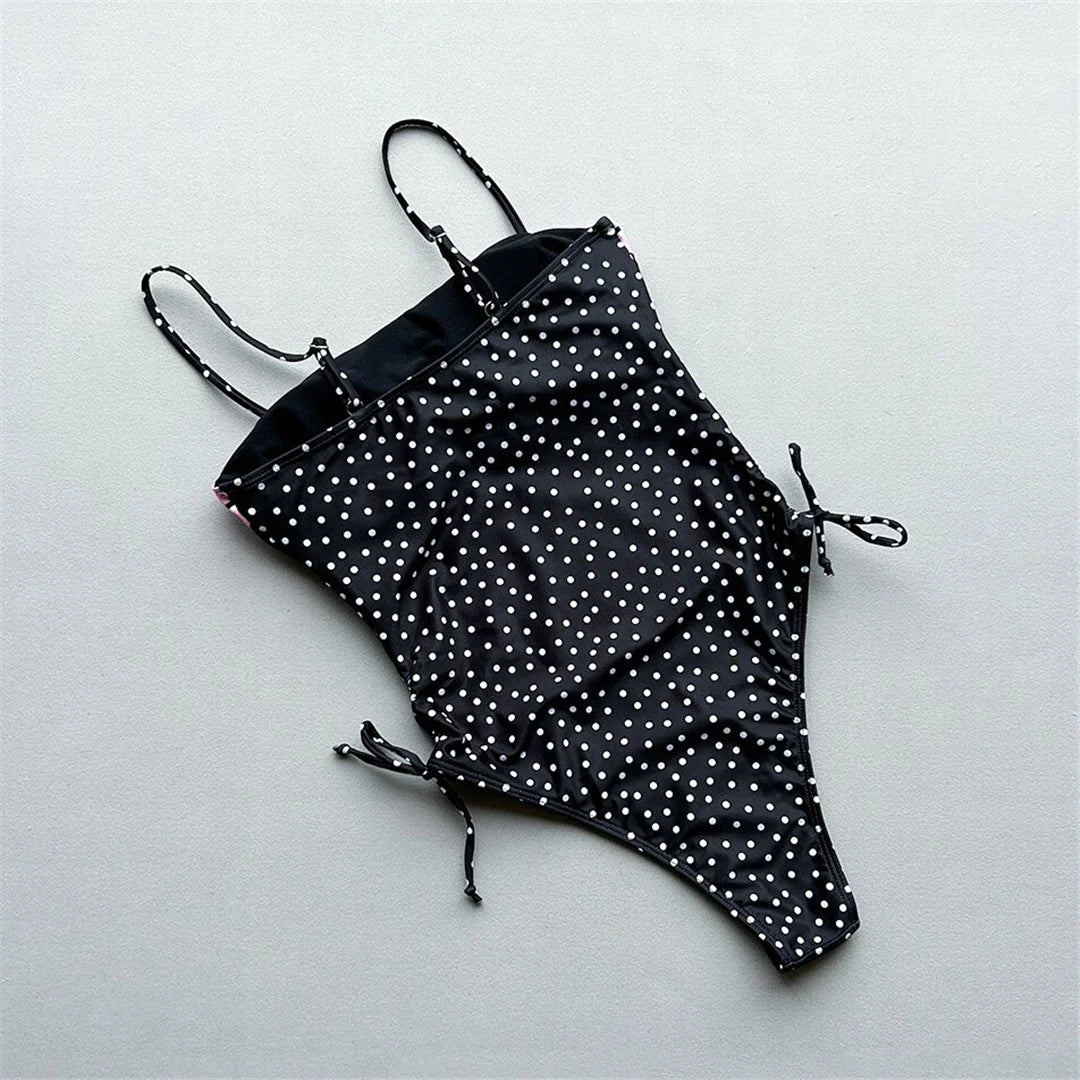 Damen Badeanzug Punkte Spleiß Schnürung hoher Beinausschnitt Monokini