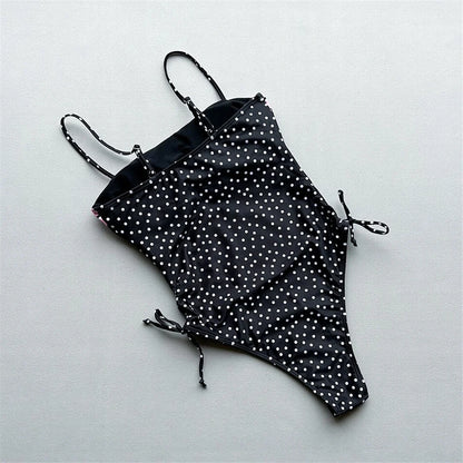 Damen Badeanzug Punkte Spleiß Schnürung hoher Beinausschnitt Monokini