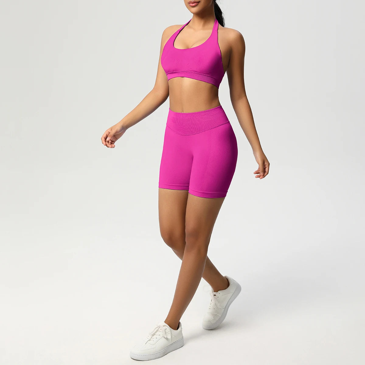 Damen-Fitnessset mit nahtlosem Sport-BH und Laufshorts, pink