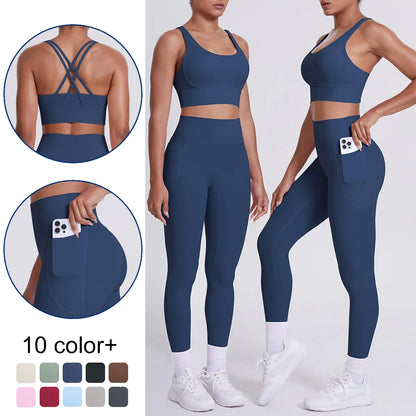 Damen-Yoga-Set aus dunkelblauem Sporttop mit Kreuzriemen und 3/4 Leggings