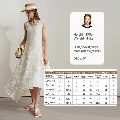Beiges ärmelloses Sommerkleid am Model, mit Rückenausschnitt und Größenübersicht