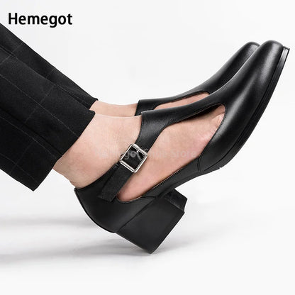 Schwarze Herren-Ledersandalen, offene Vorderseite, Schnallenriemen, Blockabsatz, spitz