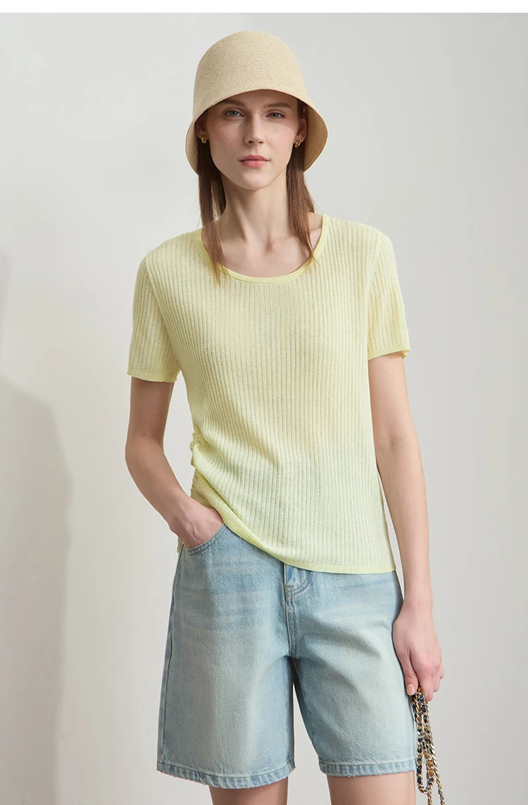 Damen-Strickpullover mit Rundhals, Kurzarm und Kordelzug am Saum, hellgelb