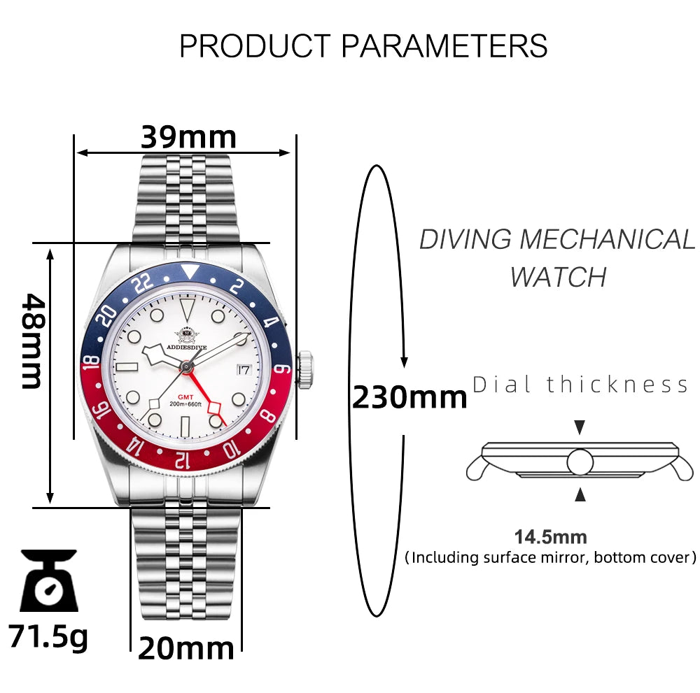 GMT Herren-Taucheruhr Quarz 200m wasserdicht Bubble-Glas BGW9 Leuchtzeiger AD2044