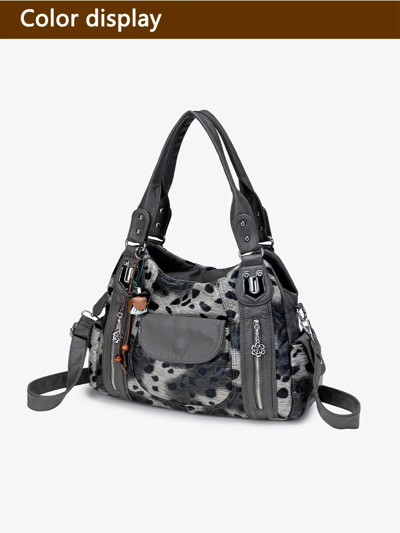 Damen-Hobo-Tasche aus gewaschenem Leder mit grau-Leoparden-Print und mehreren Fächern und viel Stauraum