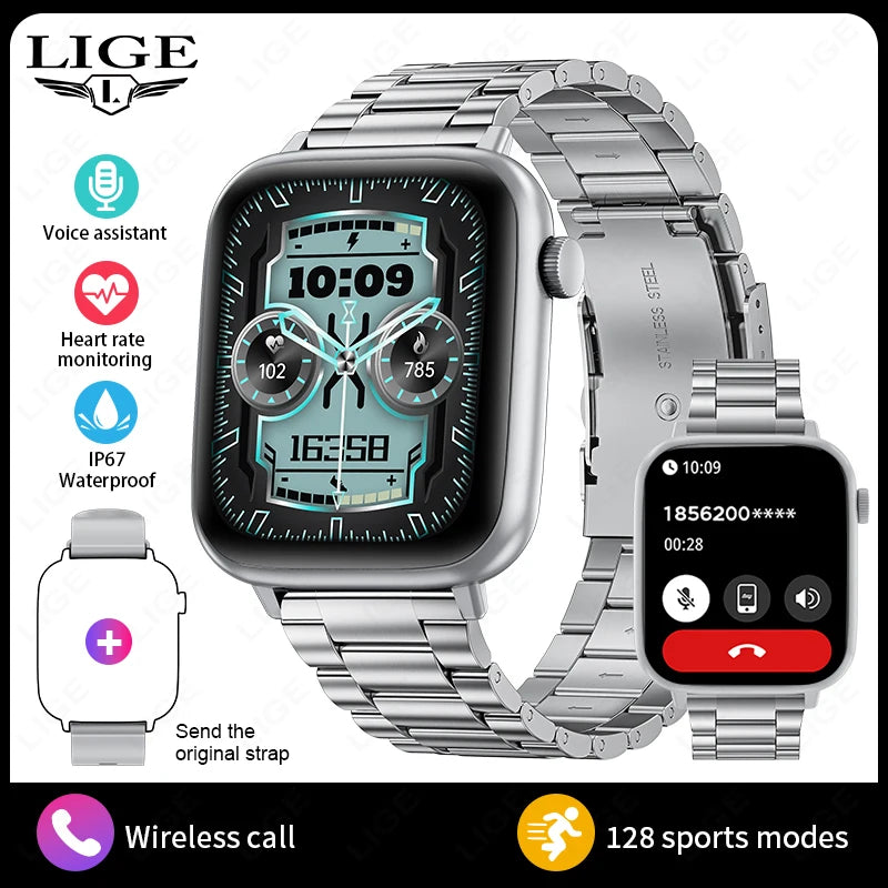 LIGE 2024 Männer Frauen Smart Uhr 1,83 Zoll Bluetooth Sprachanrufe Armband Informationen Warnungen Fitness Smartwatch Für IOS Android