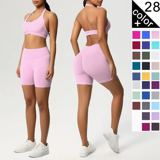 Nahtloses Fitness-Set für Damen: rosa Sport-BH & Laufshorts, Frontansicht