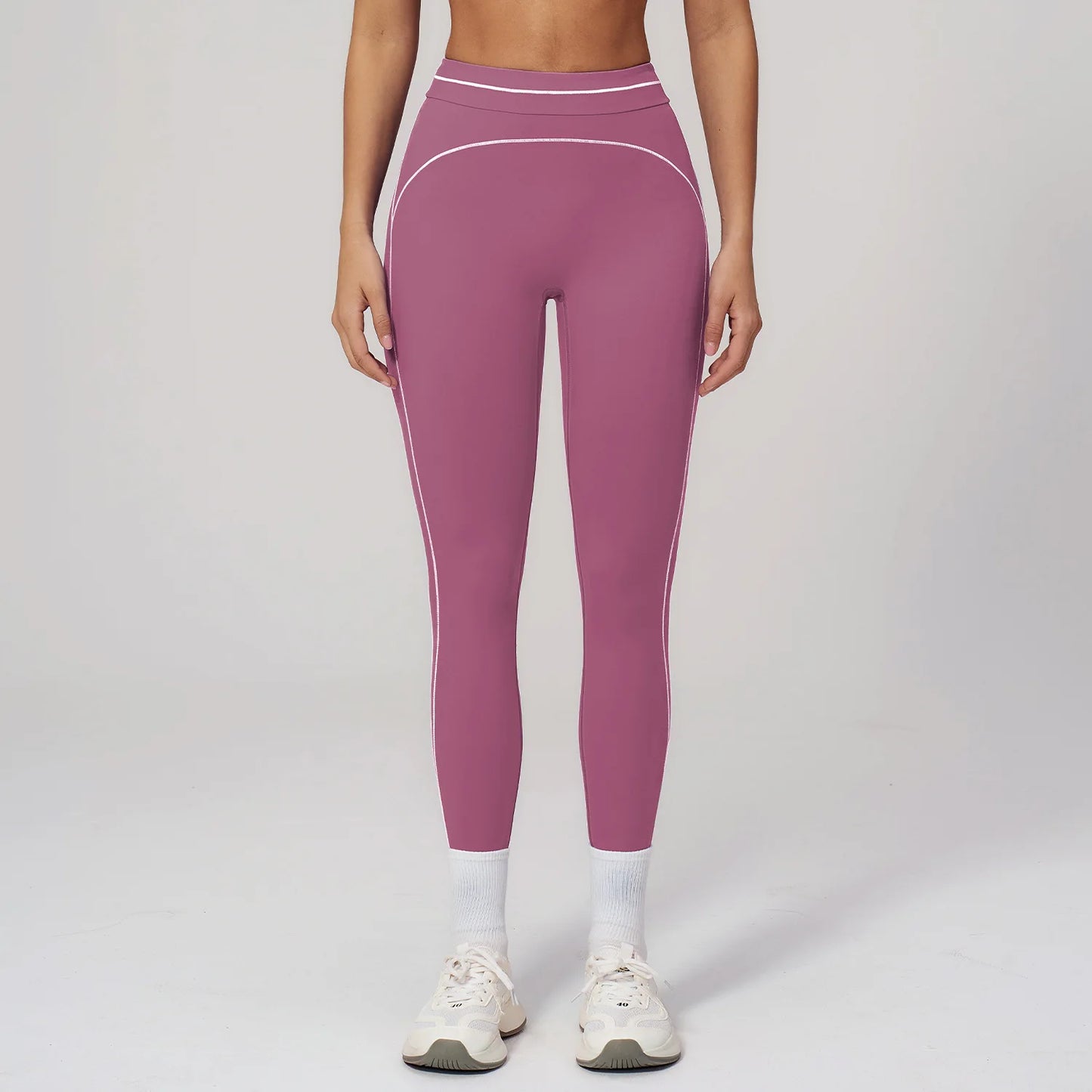 Damen Fitness-Leggings in Lila mit hellen Kontrastlinien am Bein und Bund