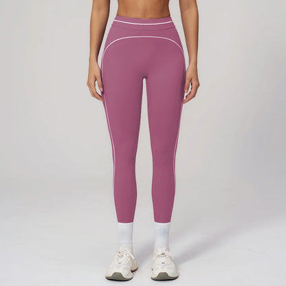 Damen Fitness-Leggings in Lila mit hellen Kontrastlinien am Bein und Bund