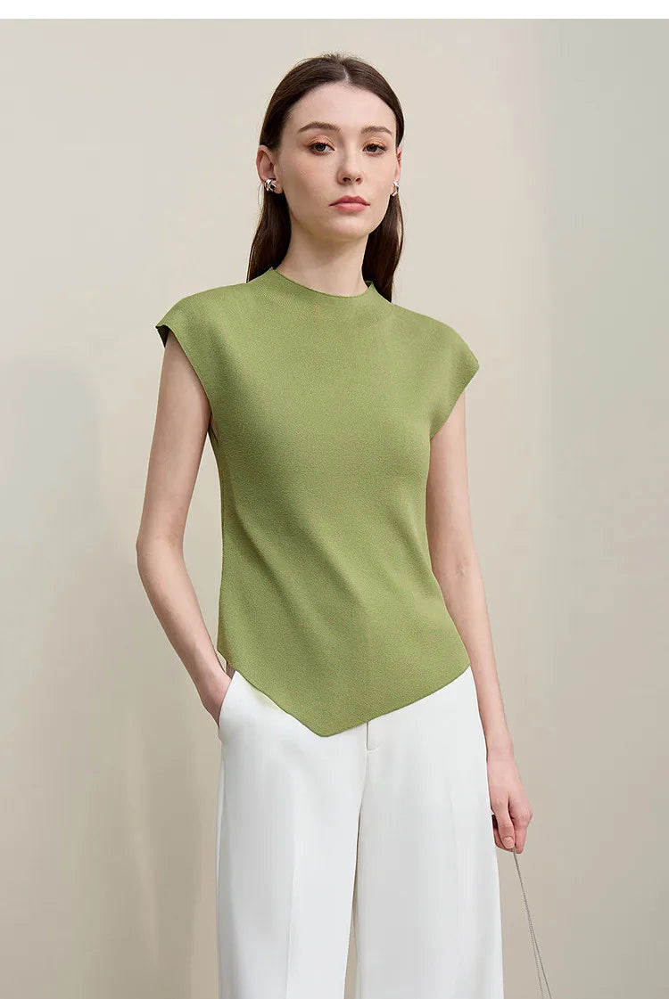 Damen Stricktop mit Stehkragen, Kurzarm und asymmetrischem Saum, grün, einfarbig