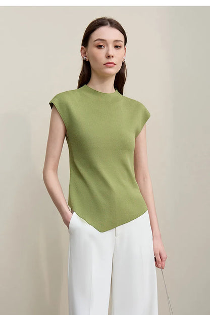 Damen Stricktop mit Stehkragen, Kurzarm und asymmetrischem Saum, grün, einfarbig