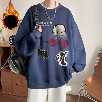Vintage Oversize Herren-Sweatshirt mit Fist-Print und Rundhalsausschnitt – Herbst/Winter Langarmshirt mit Samtfutter im High-Street-Trend