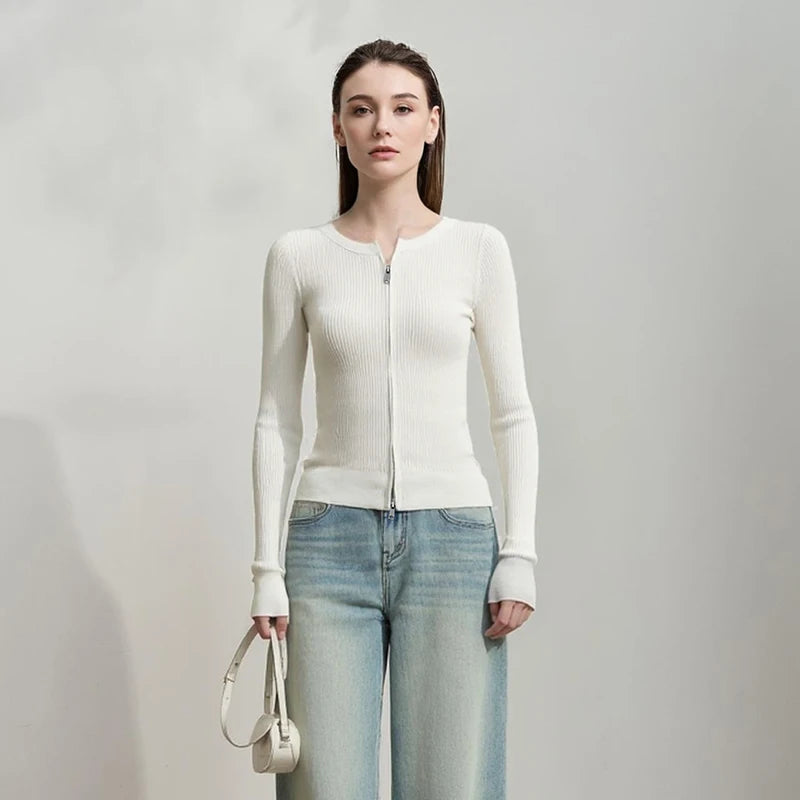 Damen-Rundhals-Cardigan Slim Doppelreißverschluss Viskose Frühling