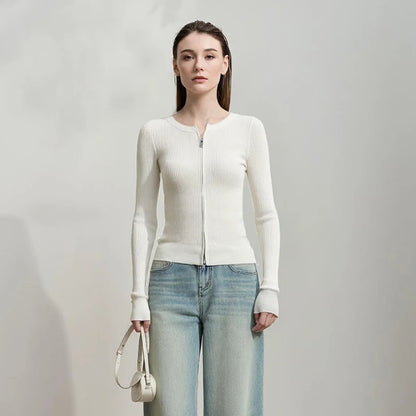 Damen-Rundhals-Cardigan Slim Doppelreißverschluss Viskose Frühling