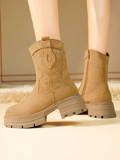 AIYUQI Western Cowboy Boots Women 2025 New Genuine Leather Winter Shoes Boots Women Short Tube Fashion Women's Snow Boots