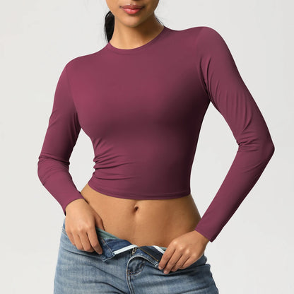 Damen-Langarmshirt Slim Fit bordeauxrot mit Rundhalsausschnitt und langen Ärmeln