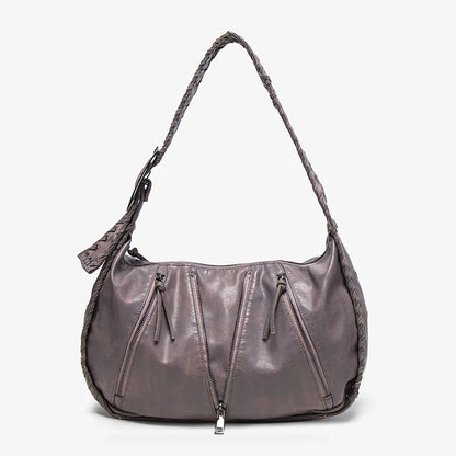 Damen-Hobo-Handtasche Vintage-Stil aus weichem Kunstleder mit geflochtenem Tragegurt und Mehrfach-Reißverschlussfächern