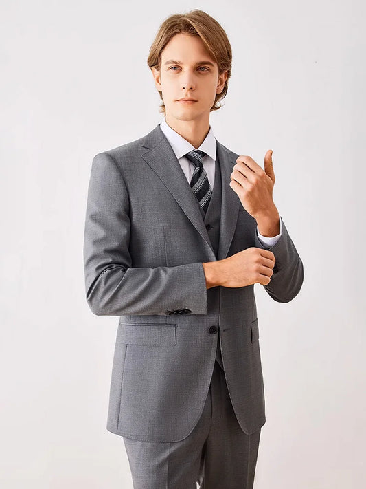 Herrenanzug-Set aus Wolle in Tiefblau – Einreihiger Blazer mit Weste und Hose für formelle Anlässe und Alltag im Slim-Fit-Stil