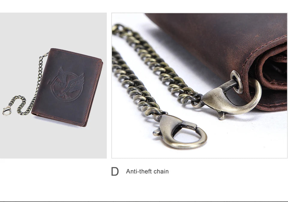 Herren Echtleder Geldbörse Trifold Metallkette RFID Kartenhalter Geldclip