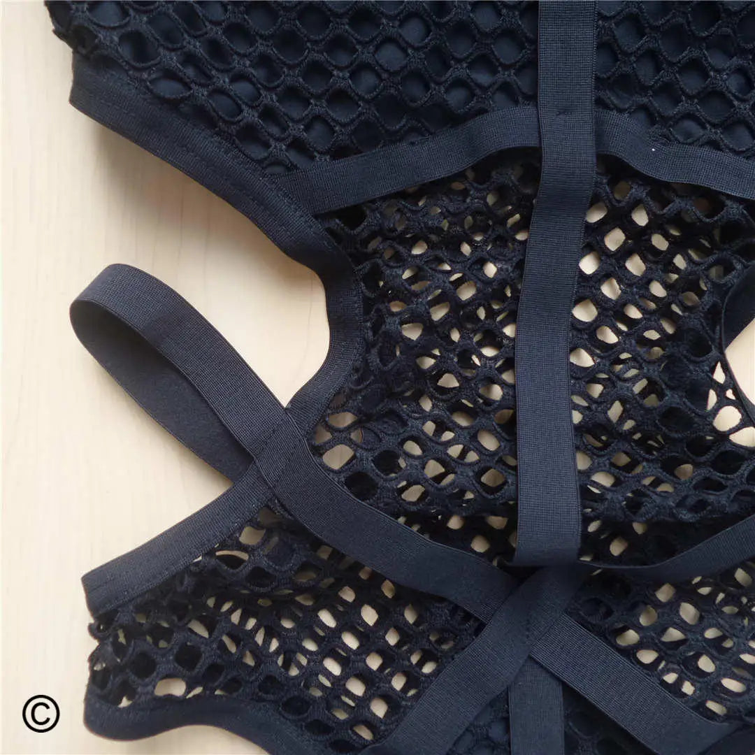 Damen Badeanzug Fischnetz Mesh schwarz Monokini Einteiler Strandmode