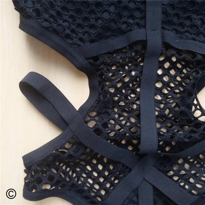 Damen Badeanzug Fischnetz Mesh schwarz Monokini Einteiler Strandmode