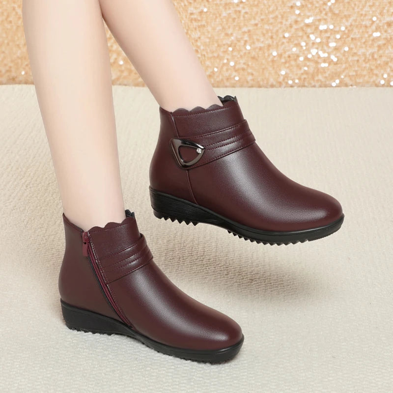 Damen Schneestiefel aus echtem Leder mit rutschfestem flachem Boden