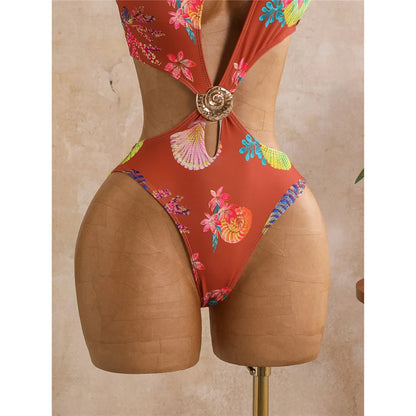 Damen Badeanzug Blumendruck One-Shoulder asymmetrisch Cut-Out Monokini gepolstert