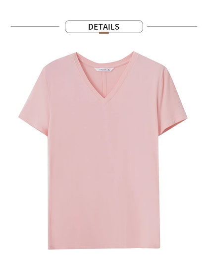 Damen T-Shirt im minimalistischen Casual-Stil mit V-Ausschnitt und kurzen Ärmeln