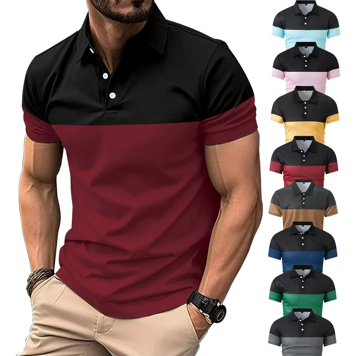 Lässiges Herren-Poloshirt mit digitalem Farbpatch-Druck und Reißverschluss am Kragen – ideal für den Sommer.