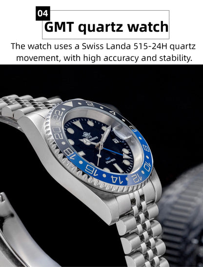 ADDIESDIVE Watch For Man GMT BGW9 Super Luminous 316L Stainless Steel 20Bar Diving Ceramic Bezel Quartz Watch