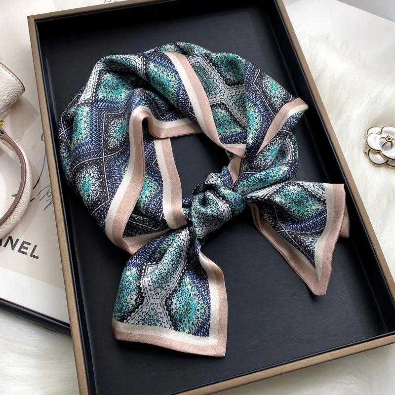 Damen Seidenschal dünn Taschenband Foulard Haarband Stirnband bedruckt F