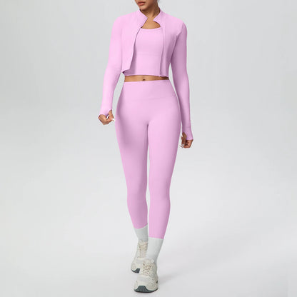 Rosa Yoga-Set: Zip-Top und High-Waist-Leggings, Vorderansicht mit weit ausgestellten Beinen