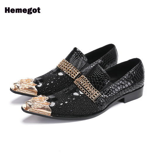 Iron Pointed Toe Brogues Shoes for Men Metal Chain Design Slip On Durable Stylish Casual Shoes Party Luxury Shoes Dress Shoes