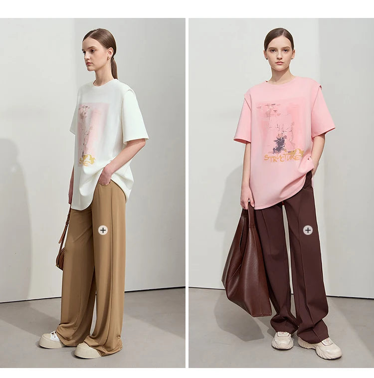 Damen T-Shirt im minimalistischen Stil mit lässigem O-Ausschnitt und Kunstdruck