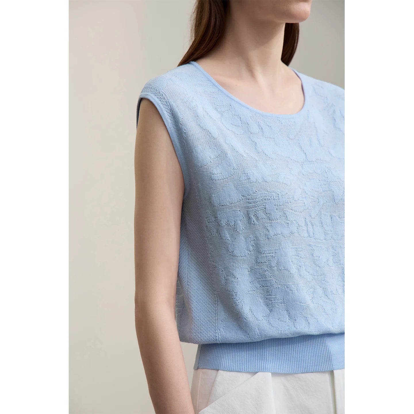 Damen-Rundhalspullover ärmellos Jacquard locker kurz Viskose Sommer