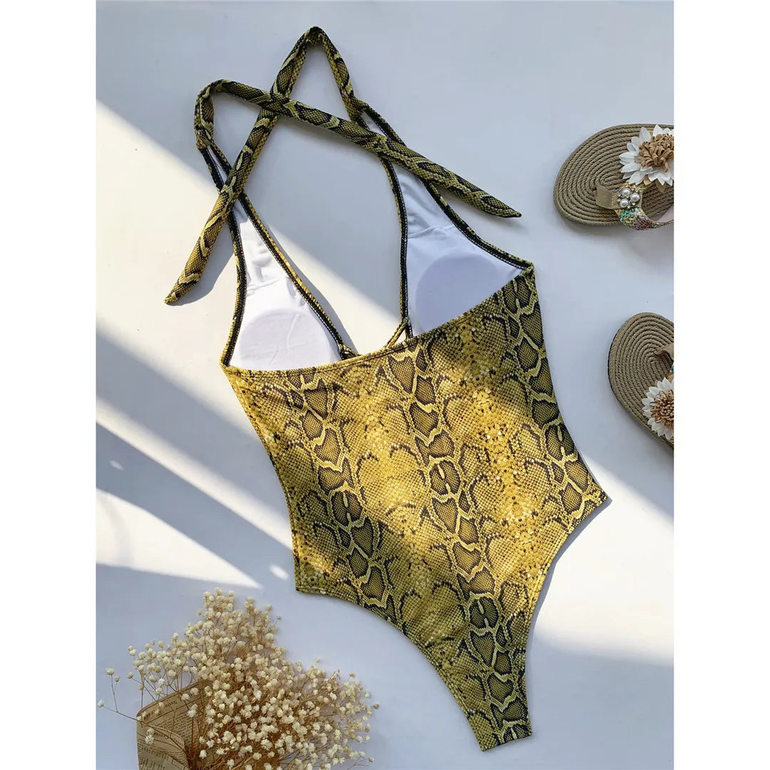 Damen Badeanzug Schlangenhaut Neckholder Bauch-Cut-Out Monokini Einteiler