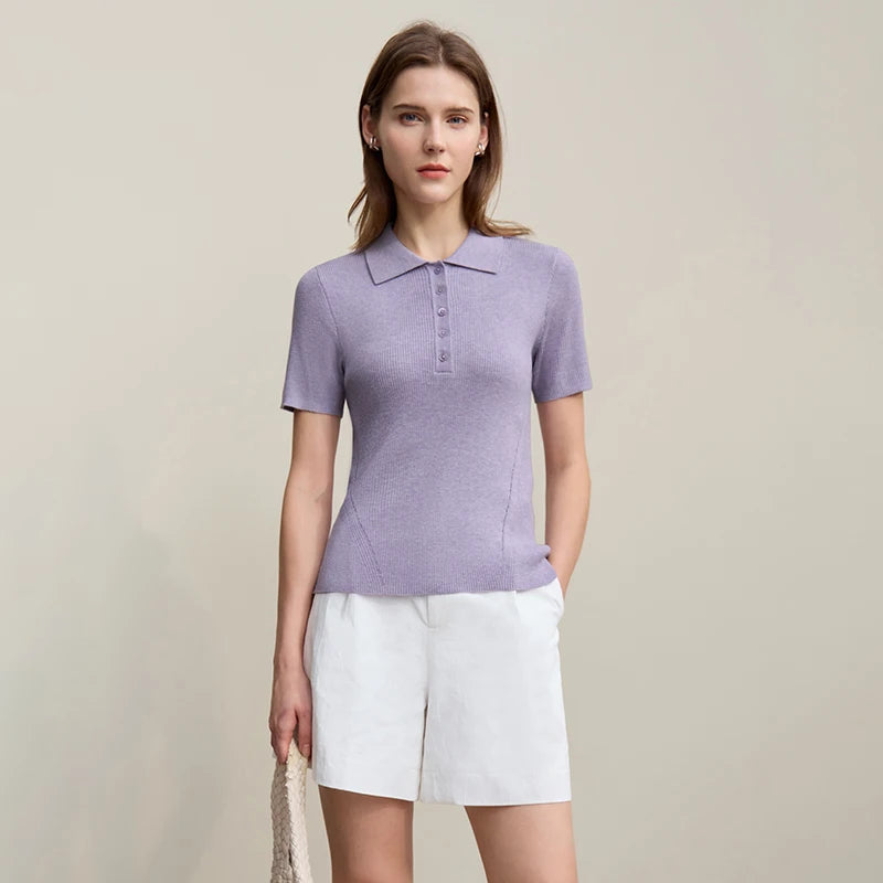 Damenpullover mit Polokragen und Knopfleiste, kurzarm, lila Strickoberteil