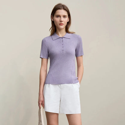 Damenpullover mit Polokragen und Knopfleiste, kurzarm, lila Strickoberteil