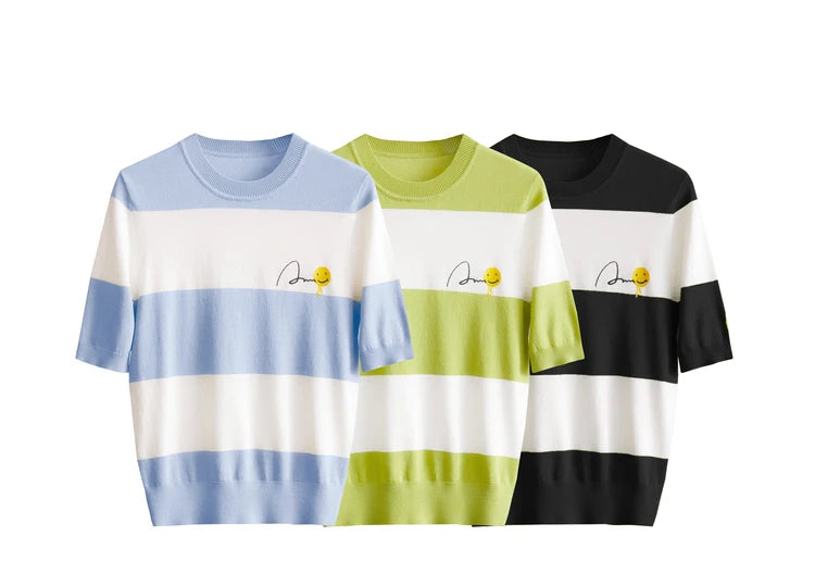 Damen Sommer-T-Shirt im Minimalismus-Stil mit gestreiftem Lächeln-Gesicht