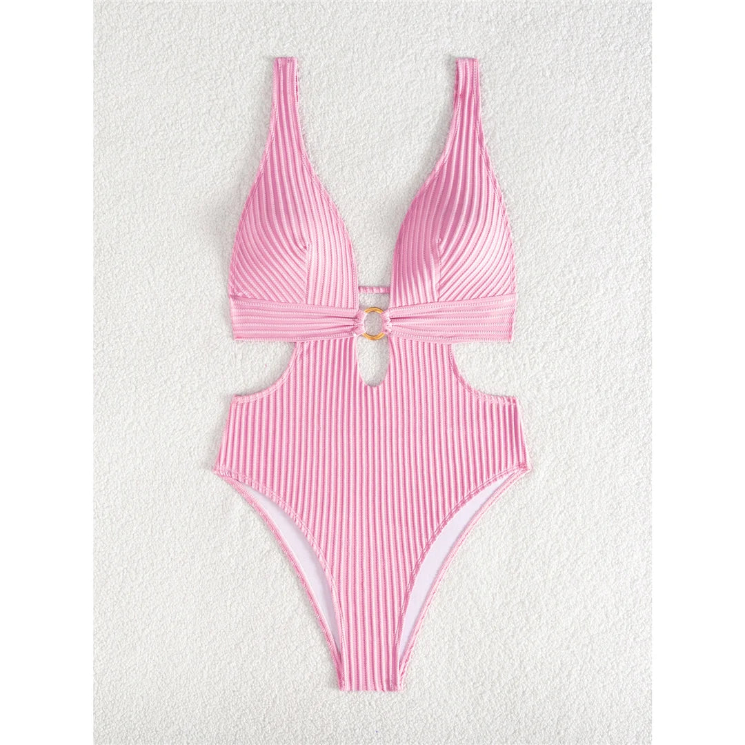 Damen Badeanzug tiefer V-Ausschnitt Cut-Out Monokini hoher Beinausschnitt 8 Farben